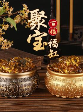 百福黄铜家居桌面客厅创意百福铜缸聚宝盆风水摆件招聚财福桶摆件