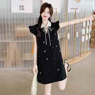 珠金小香风系带娃娃领小 款 黑色小飞袖 新千ZZB1392连衣钉裙女夏季