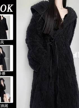 珊瑚绒长款连帽黑色睡袍女秋冬季新款高级感可外穿女士长袖家居服