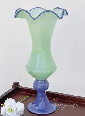 中古风座荷叶花边风底FKJ高颜值家用拼色玻璃高花瓶摆级感件ins风