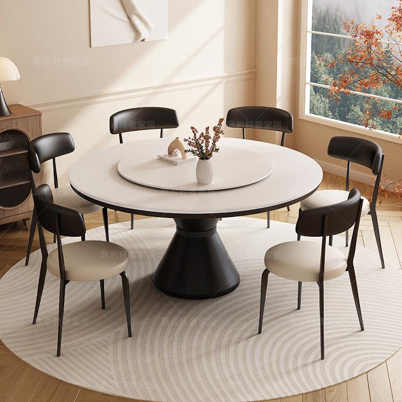 正品轻奢意式型极简板餐桌椅岩组合圆形带转盘用家小户中古风吃饭