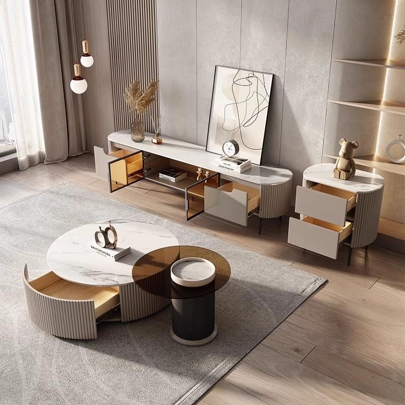 意式极简岩板茶几现代简约茶几桌客厅家用网红圆形组合茶几电视柜