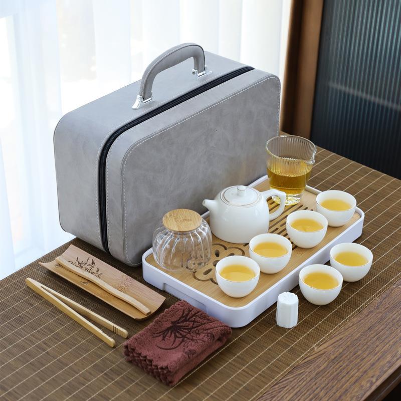 收纳茶具 羊脂玉白瓷家用泡茶套装带茶盘 简约功夫便携旅行茶艺装