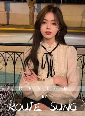 ROUJE SUNG法式复古白色木耳边衬衫女气质泡泡袖蝴蝶结系带衬衣