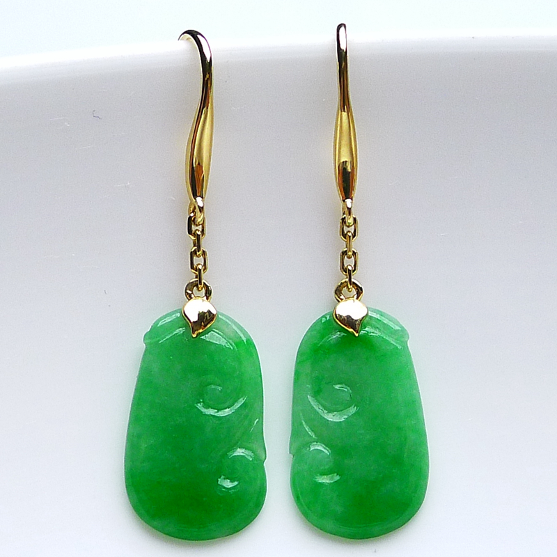 正品缅甸A货绿色耳环金镶玉阳绿翡翠如意耳钉镶嵌18K耳坠1.86g