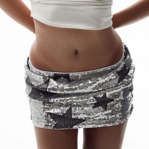 Sexy Women's Burgundy Sequin Special Fabric Skirt. Casual