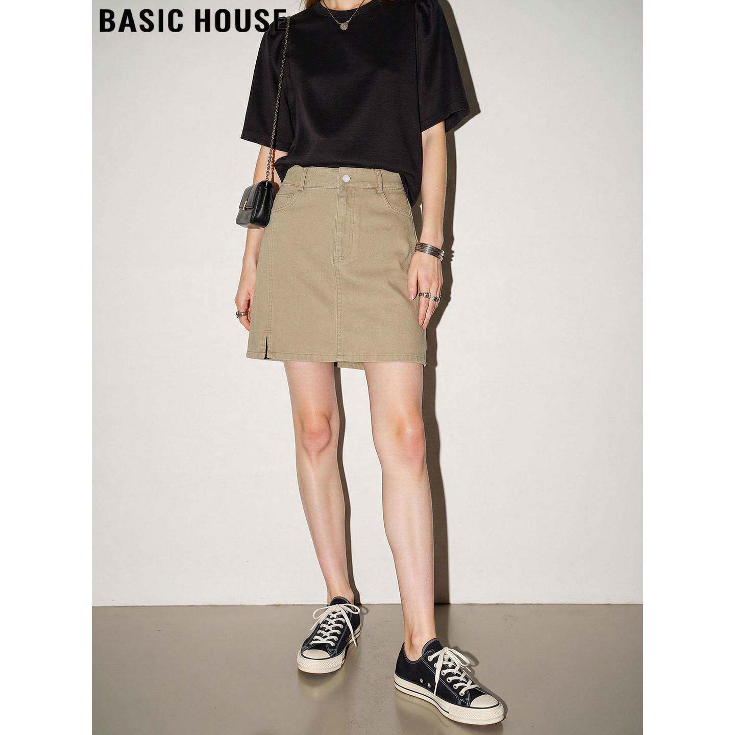 Basic House/百家好卡其色牛仔半身裙女2026夏季新款高腰A字短裙