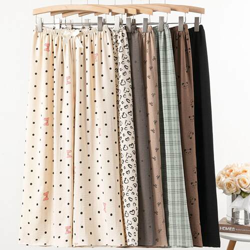 Ice silk linen sleeping pants, women's printed home pants