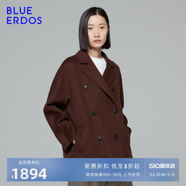 blueerdos秋冬100%绵羊毛，气质翻领双排扣美拉德毛呢西装外套女