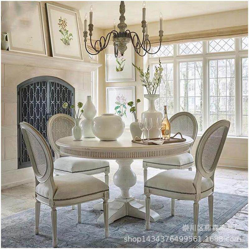 美式乡村实木圆餐桌椅组合法式白色复古别墅家具圆形餐桌家具制作