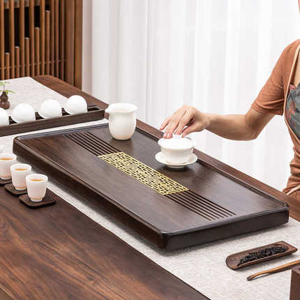 整块黑檀木茶盘实木简约现代家用茶台原木茶海长方形排水功夫茶具