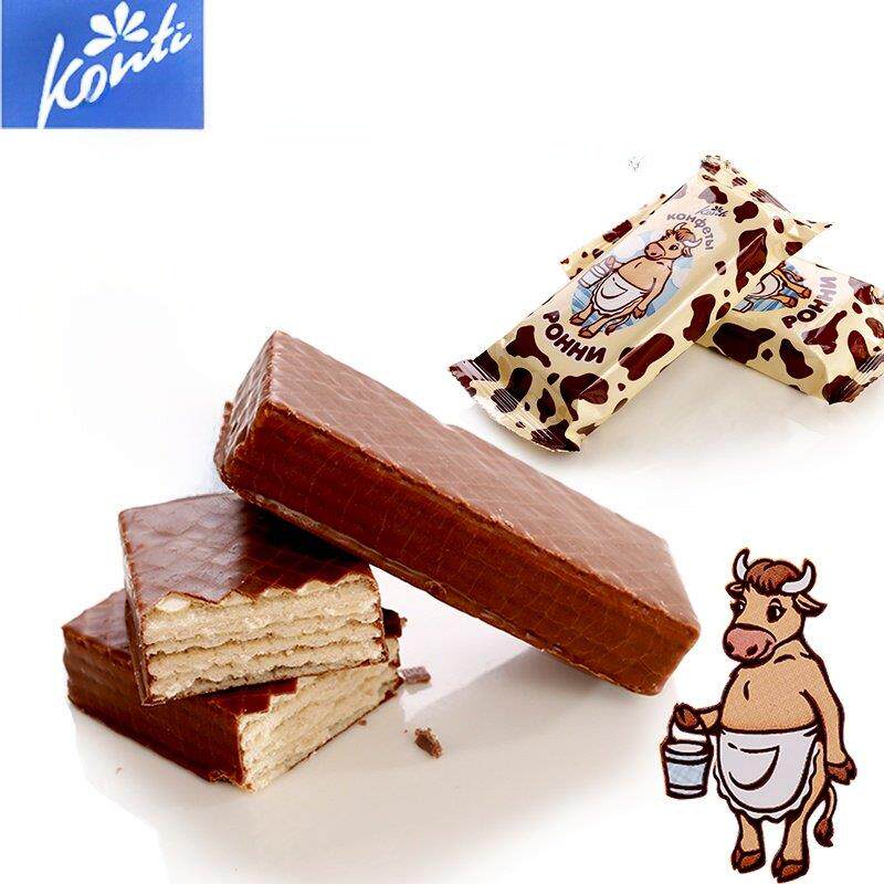 俄罗斯大奶牛威化饼干巧克力涂层500克大牛小牛原装进口康吉