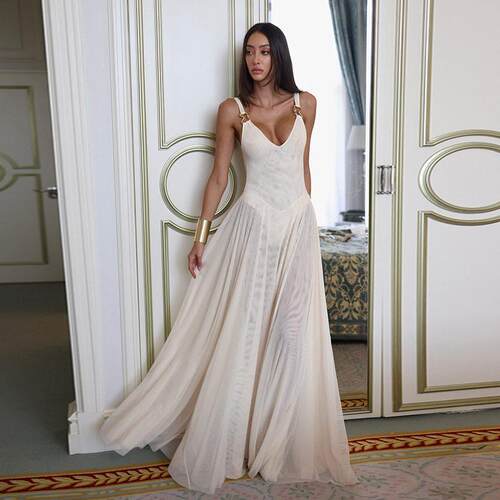 Deep V-Neck Embellished Sleeves Mesh Flare Dress Casual