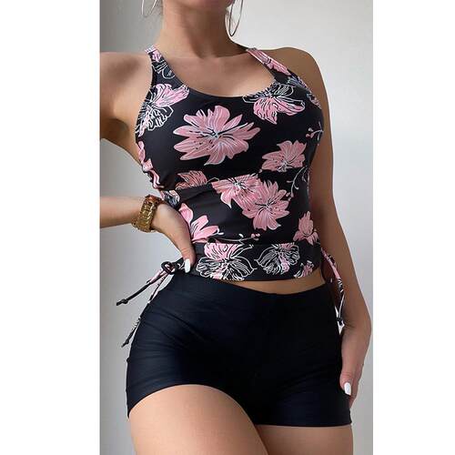 Flower print plus size women's swimsuit, boxer shorts,