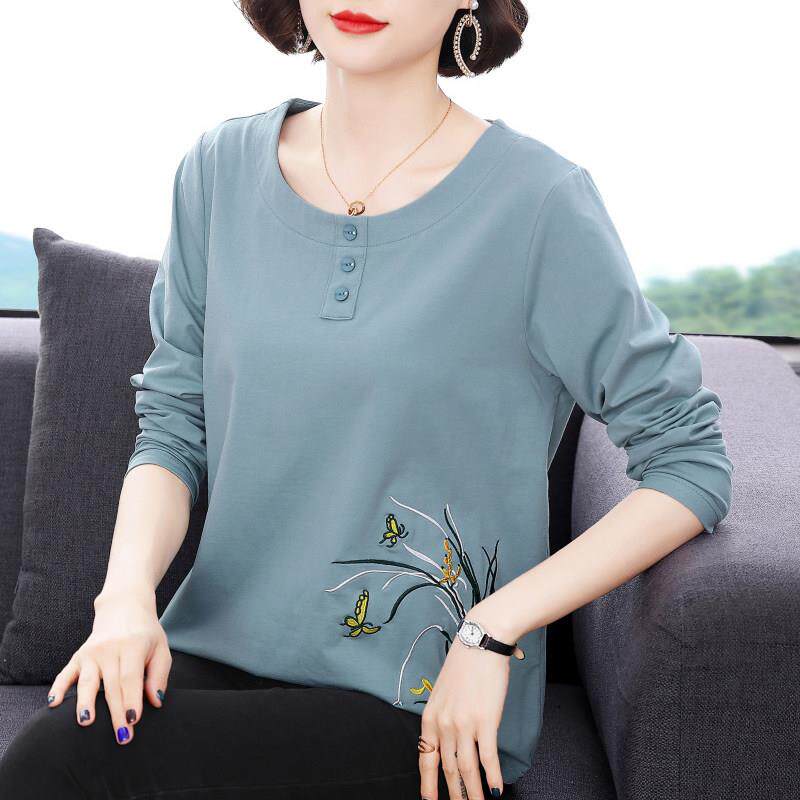 纯棉长袖t恤女2025春秋款大尺码宽松中老年女士减龄外穿打底衫上