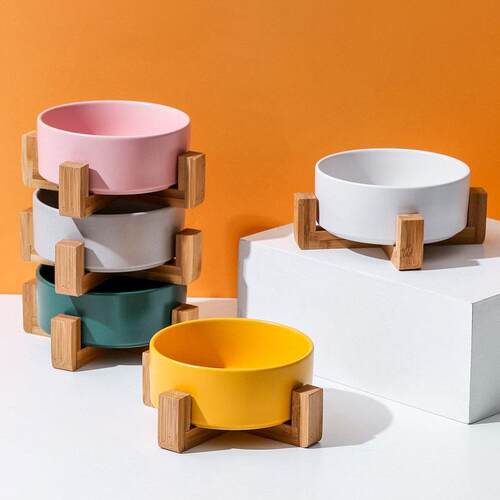 Ceramic Dog Bowl Cat Food Water Bowls with Wood Stand No Spi