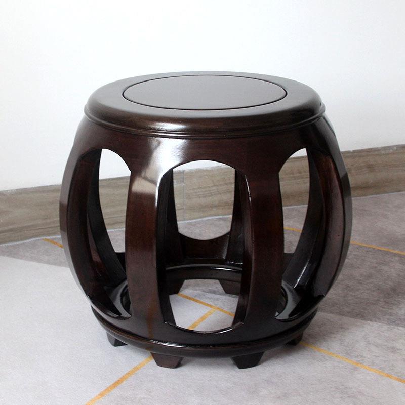 新品新中式鼓凳实木矮凳家用黑色圆凳客厅黑胡桃色鼓墩沙发凳子单