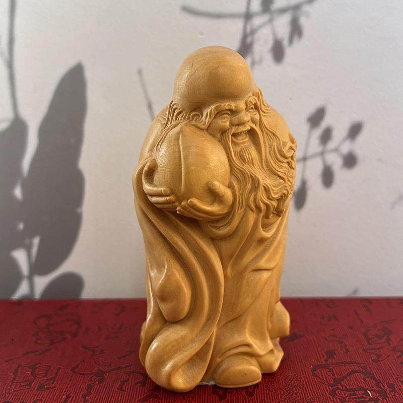 小叶黄木雕手把抱STS桃杨寿星公南极仙翁摆创意茶宠实木件工艺件