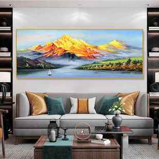 网红轻奢手绘油画客厅挂画大芬新村中式 画靠饰山照日 发背沙景墙装