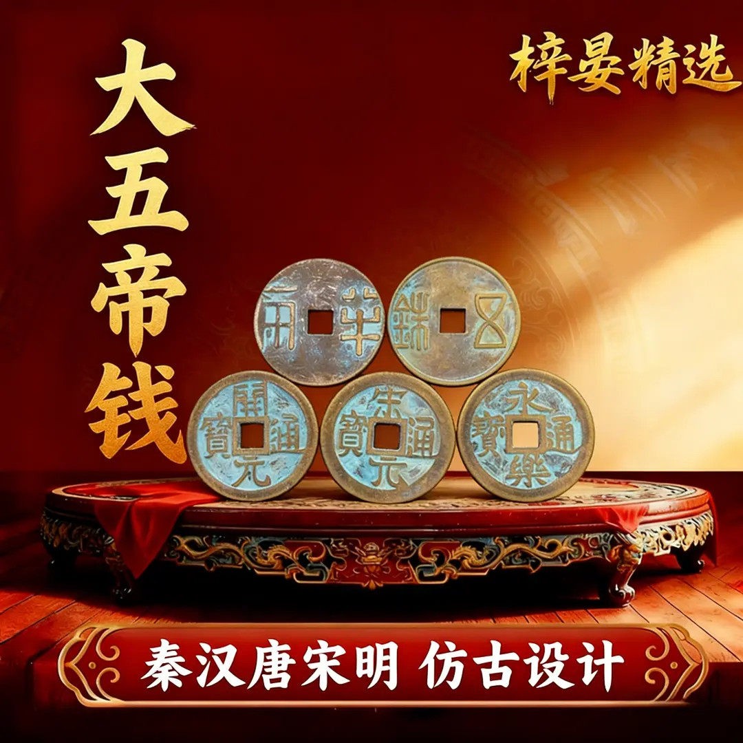 【仿古大五帝钱】秦半两汉五铢宋元永乐开元五帝一套工艺品摆件