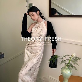 THEORY FRESH新中式高腰无袖连衣裙挂脖印花纯欲裙子2024春夏