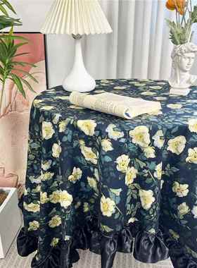 法式洛可可美式复古荷叶边碎花绒布桌布卧室书房桌布黑色花边装饰