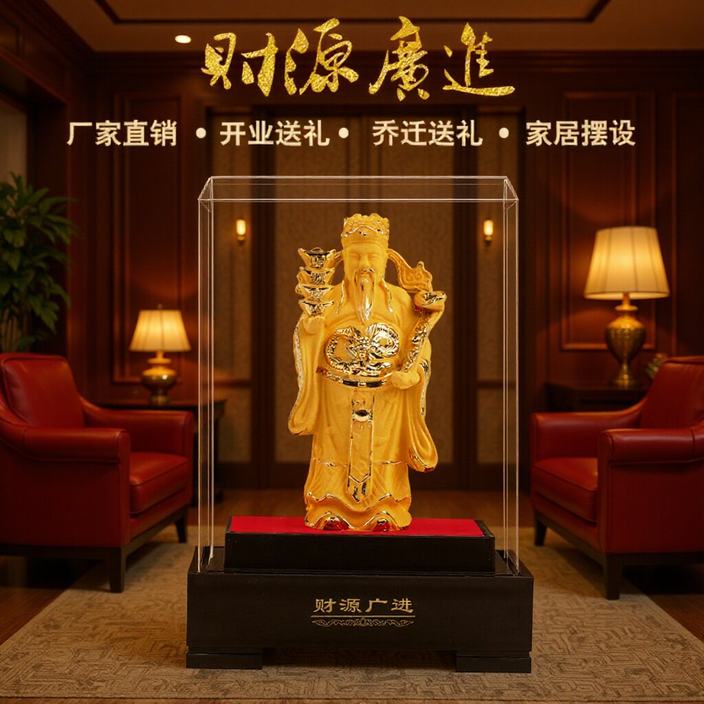 志城精品财神新底座四元宝绒沙金摆件招财聚财开运锦盒装