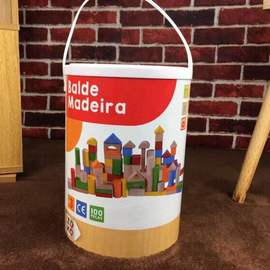 儿童木质积木 100颗粒桶装收纳盒超大小颗粒拼装套装益智玩具