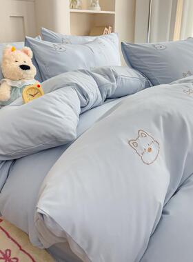 萌萌可爱比熊天蓝色超柔水洗棉刺绣四件套亲肤舒适宿舍学生床品