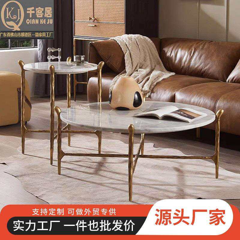 复古中古风锻打做旧工艺大理石圆茶几设计师小户型客厅沙发边角几