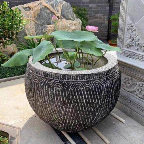 青石石缸户外荷花缸青石门海仿古鱼缸中式庭院荷花大缸石雕摆件