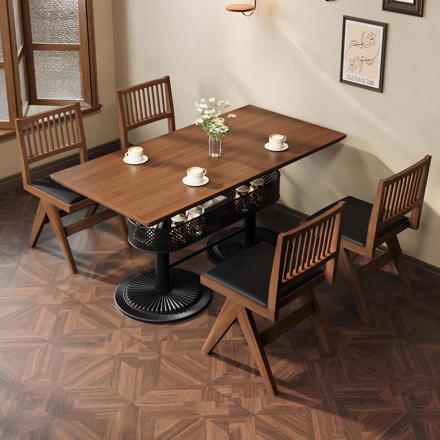 西餐厅甜品店实木餐桌长方形商用奶茶店咖啡馆复古风休闲桌椅2510