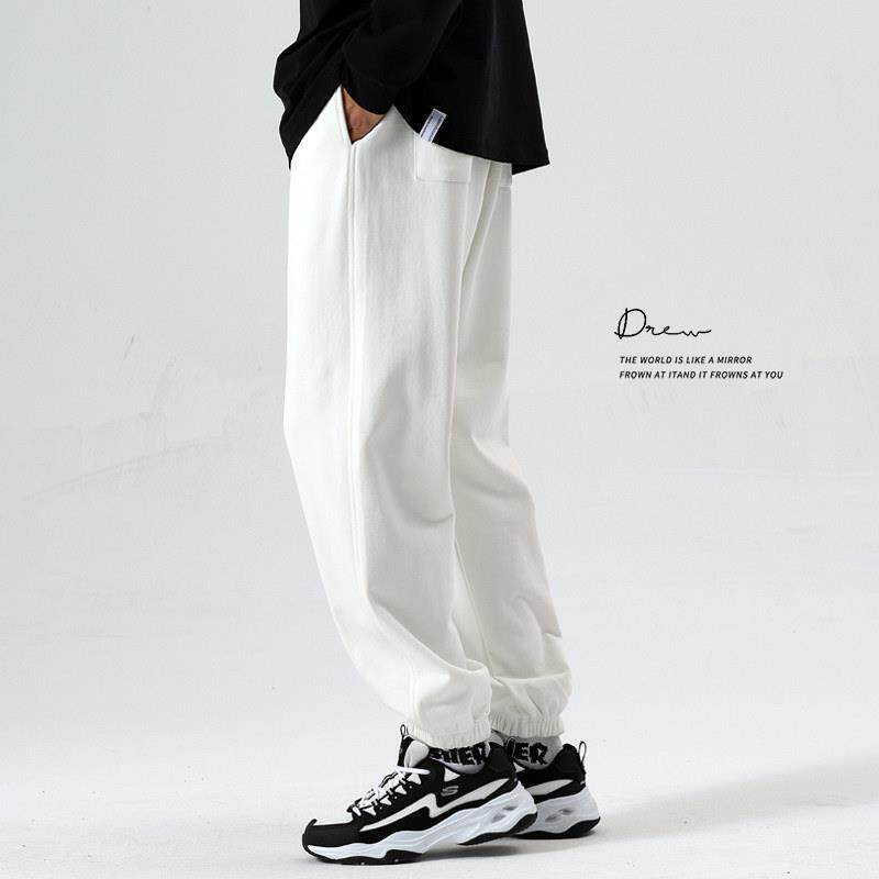 潮牌重磅纯棉美式纯色卫裤男士大码春秋款束脚白色休闲运动长裤子