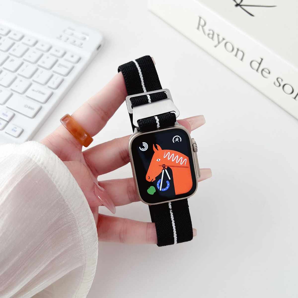 适用applewatch6苹果手表S78ultra表带尼龙针织保险扣表带