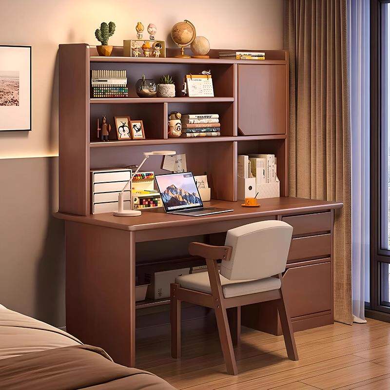 实木书桌书架一体桌简约学生家用靠墙写字桌卧室台式电脑桌办公桌