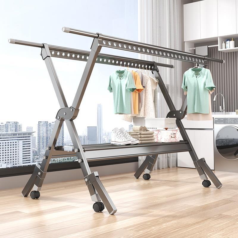 轮子户外阳台加厚室外可折叠防风带落地家用晒被子加粗晾衣架