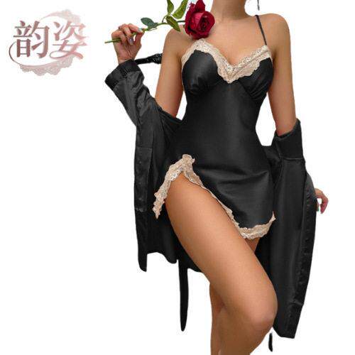 Two Set Women Belted Robe Contrast Lace Split Thigh Fitted