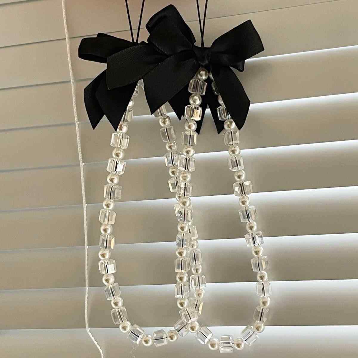 ins珍珠方块水晶黑色蝴蝶结手机挂链挂件百搭手机壳挂链挂饰定制