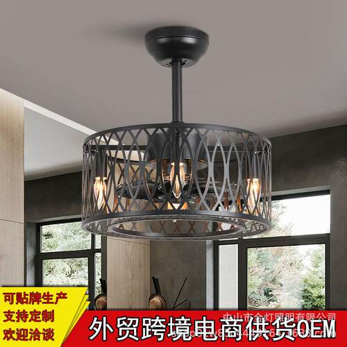 工业风吊扇灯仿古亚铁艺隐88011风扇灯餐形卧室1厅10V美式马逊跨