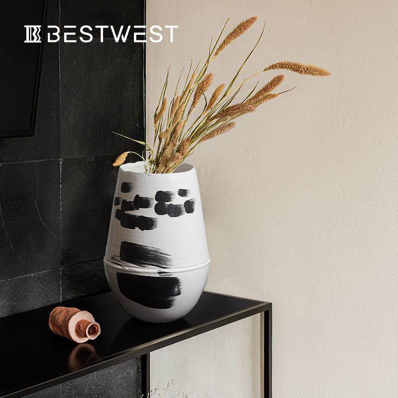 博西家居 黑白水墨大肚釉面陶瓷花瓶摆件 高档家居客厅花器花盆