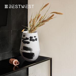Bestwest黑白水墨大肚釉面陶瓷花瓶摆件新中式高档家居客厅花器