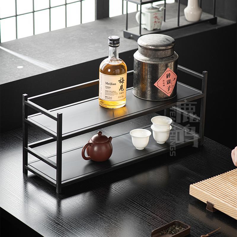 铁艺桌面置物架茶道茶棚黑色博古架茶具收纳展示架茶室茶具柜侘寂