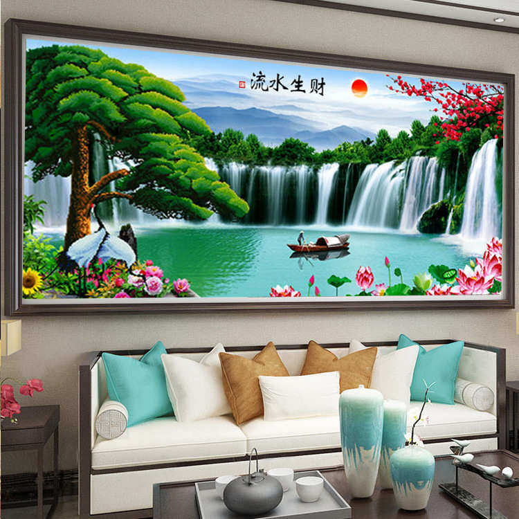 厂家批发直供 客厅大画 印花十字绣 迎客松流水生财风景山水画