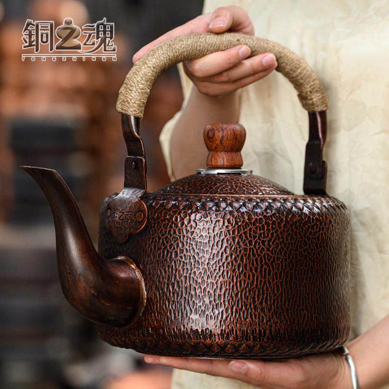 纯紫铜复古加厚烧水壶 大容量提梁防烫家用煮茶具 云南大理制造中