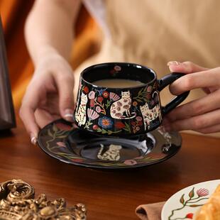 PiaJi 猫影与花魂的奇特碰撞 陶瓷咖啡杯碟高档精致高颜值套装