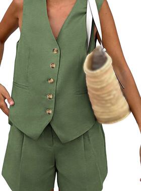 Women's Summer 2 Piece Outfits Sleeveless Button Down V Neck