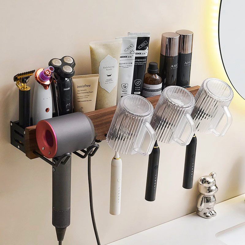 cmeo牙刷吹风机一体置物架卫生间壁挂吹风筒支架浴室免打孔胡桃木