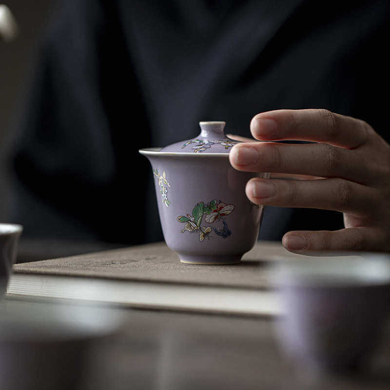 宜室茶话 木槿紫月蝶盖碗 功夫茶具家用仿烫泡茶碗茶杯碗手抓盖碗,餐饮具,盖碗,淘宝优惠券,粉丝福利购,淘宝优惠卷