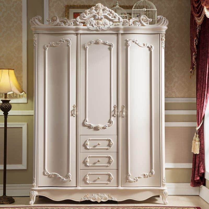 欧式实木衣柜卧室三门收纳柜别墅奢华雕花大衣橱组装卧室柜子白色