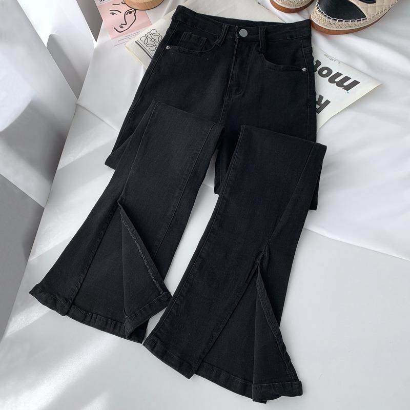 实拍牛仔裤女2025新款黑色弹力高腰显瘦微喇叭直筒开叉阔腿拖地裤